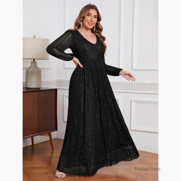 Plus Size Sparkly Lace Formal Maxi Dress V Neck Cocktail Evening Gown - Picture 2 of 7